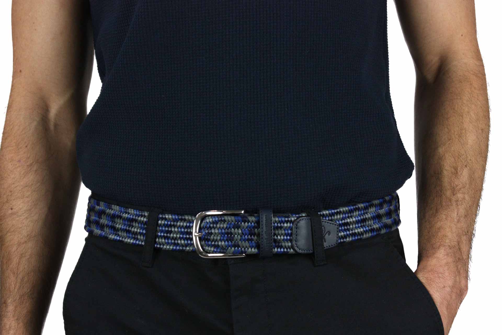 Men's Woven Leather Belt | Gray/Blue Golf Webbing | Royal Albartross Beaumont Grey Sky